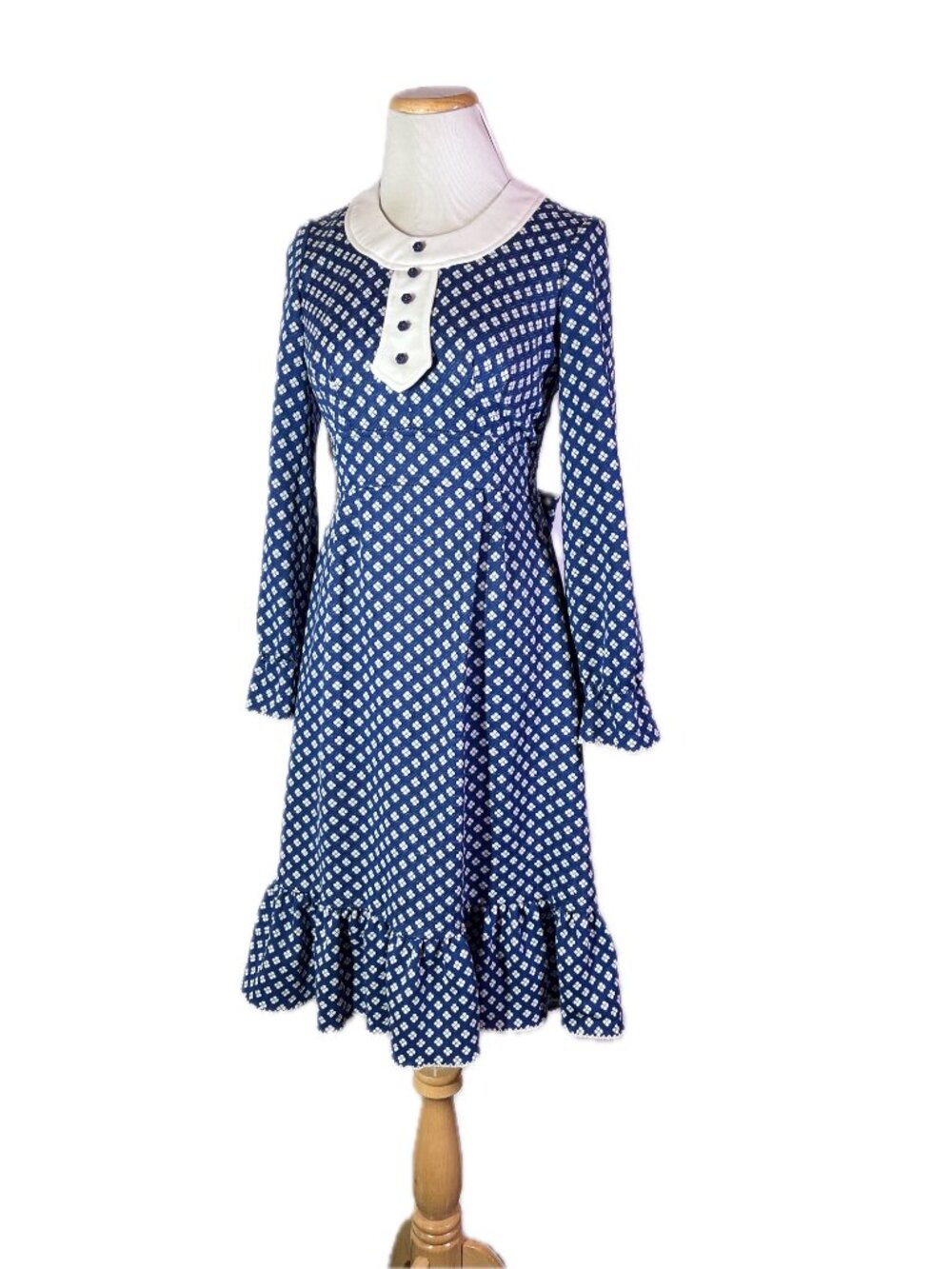 Vintage 70s Size 9 Blue White Jacquard Dress Sash Tie *Flaw